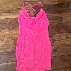 Hot Pink Sequin Cowl Neck Mini Dress